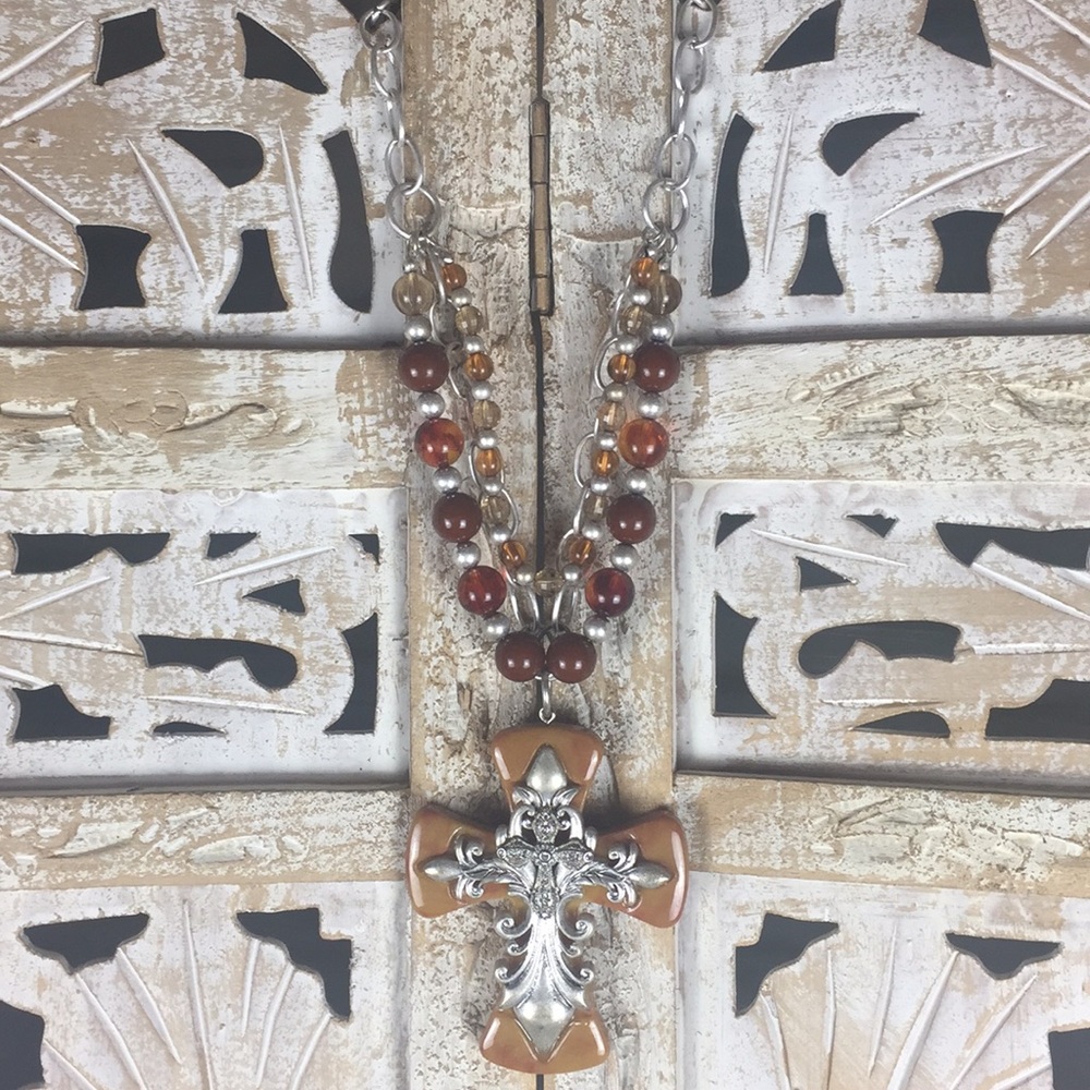 Beaded Strands Silvertone Cross Pendant Necklace